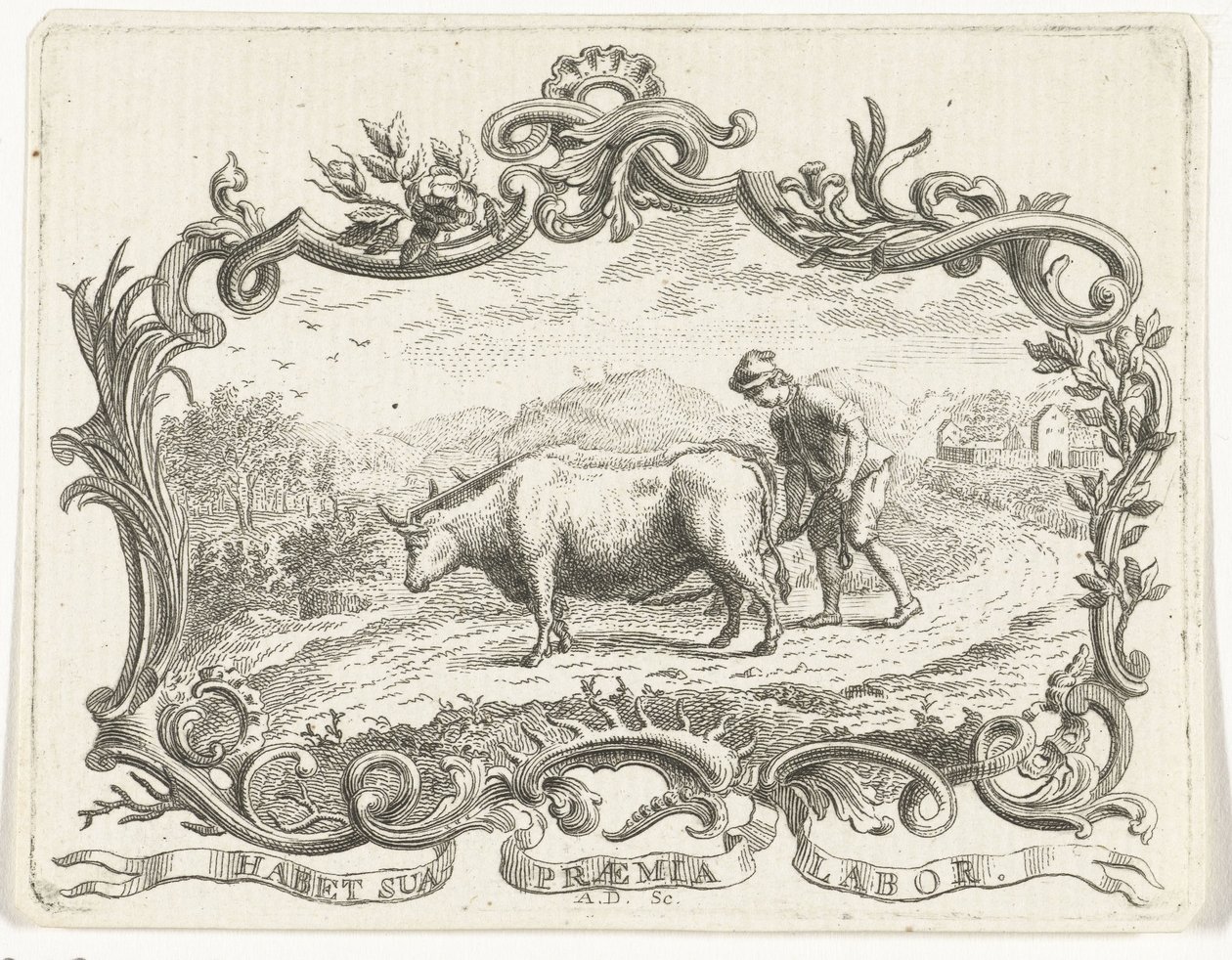 Boer die een akker ploegt met twee ossen, in cartouche door Abraham Delfos