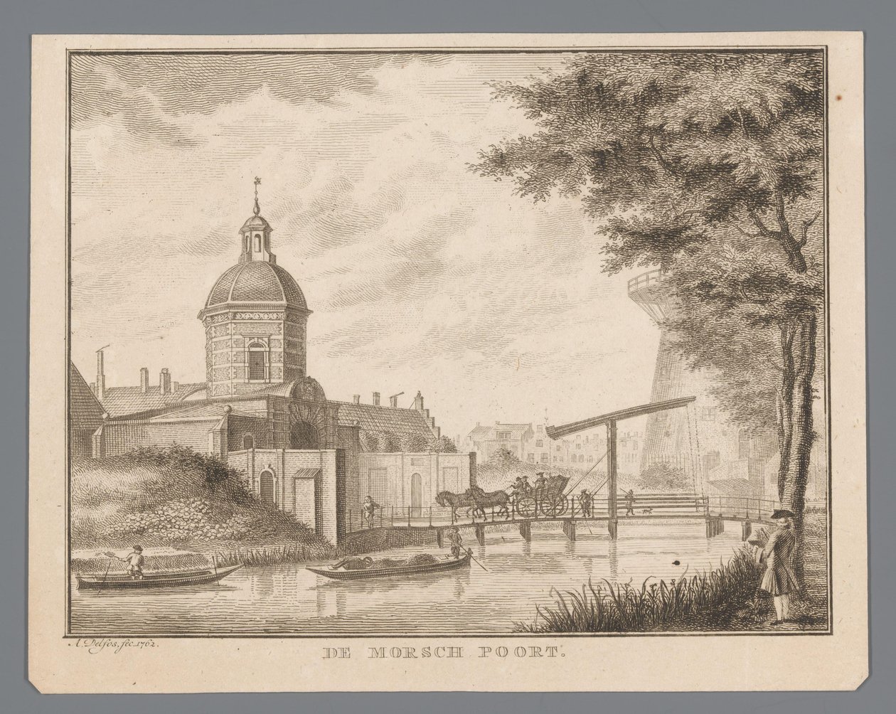 Gezicht op de Morspoort te Leiden door Abraham Delfos