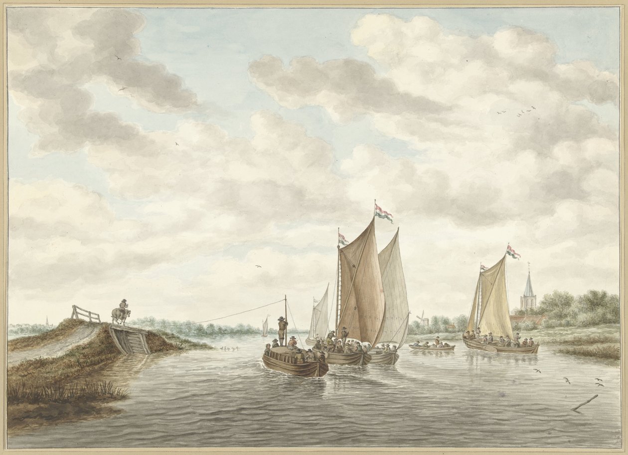 Rivierlandschap met verschillende schuiten door Abraham Delfos