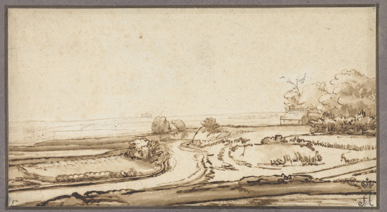 Glooiend landschap met weg en huis aan bosrand door Abraham Furnerius