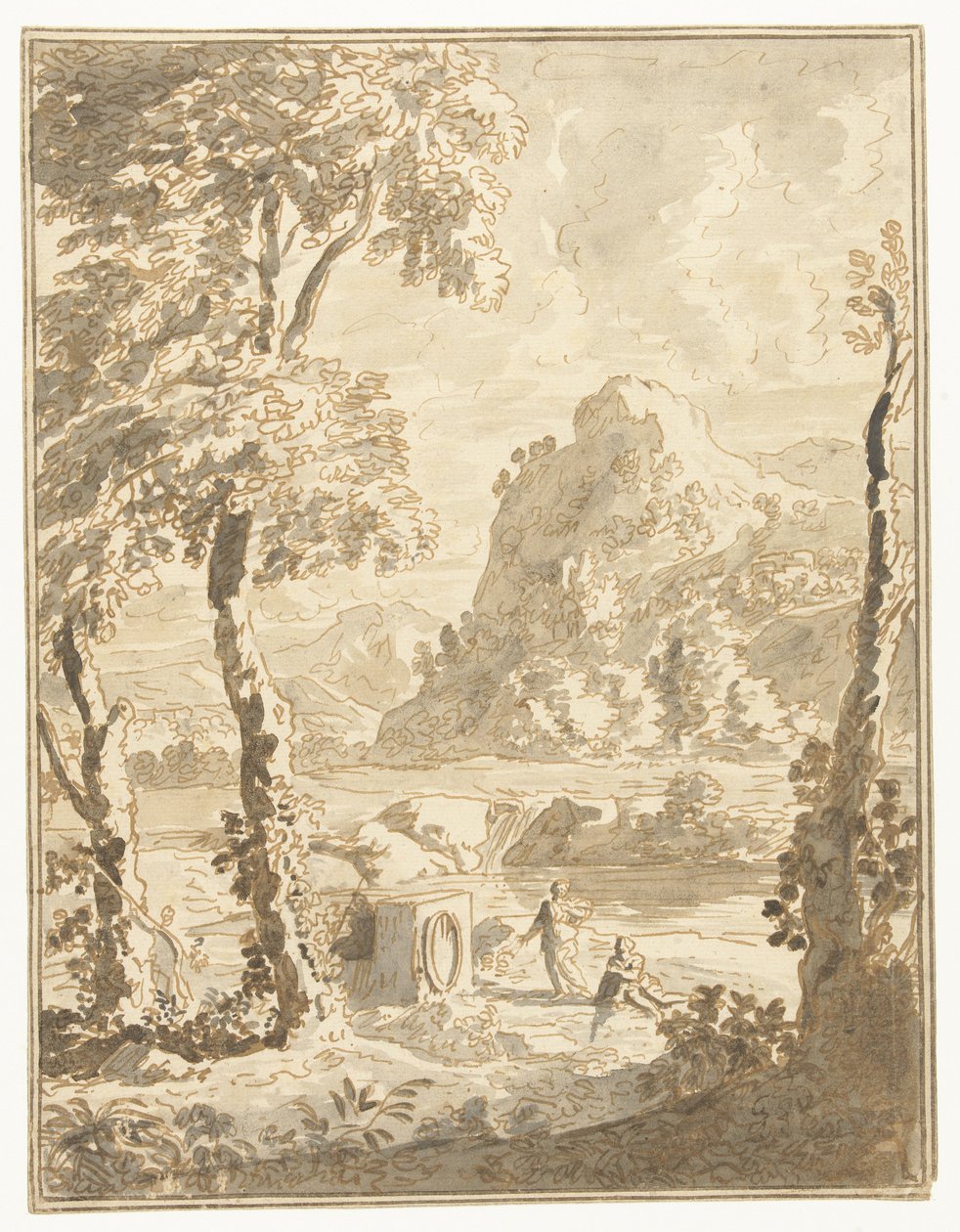 Arcadisch landschap met kleine figuren door Abraham Genoels (II)
