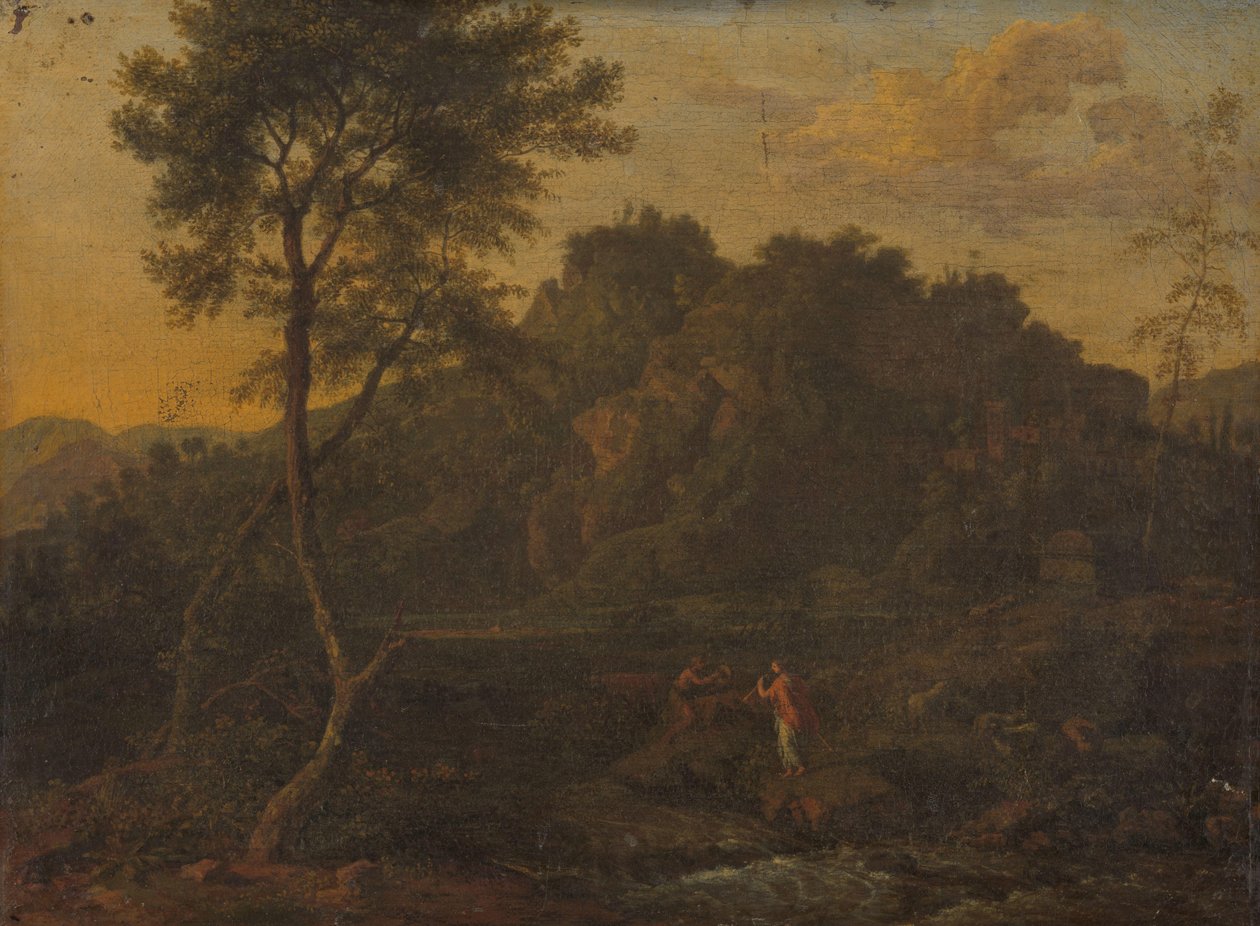 Nimf en herder maken muziek in een landschap door Abraham Genoels (attributed to)