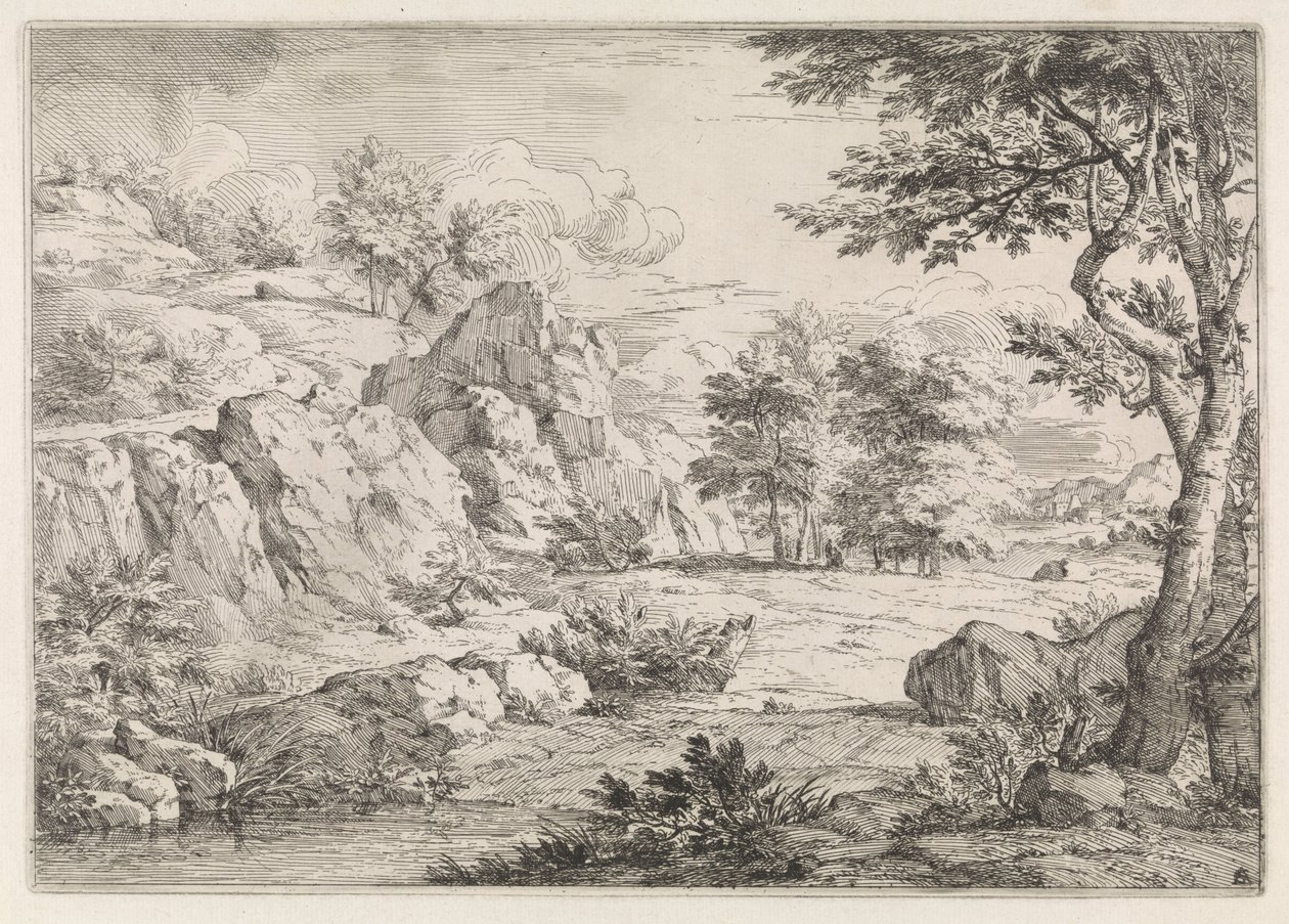 Heuvellandschap met vijver door Abraham Genoels