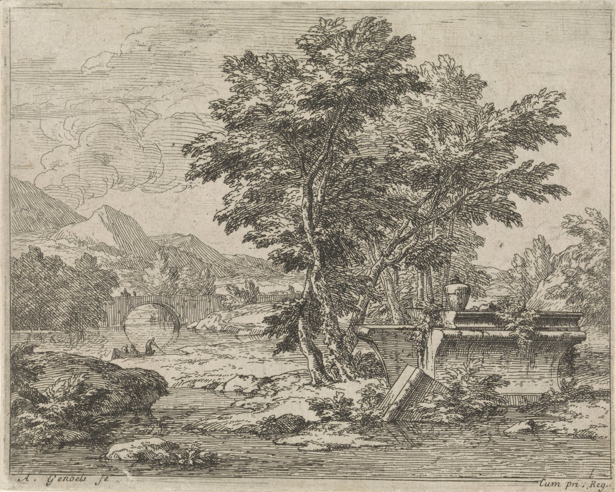 Landschap met een klassieke ruïne door Abraham Genoels