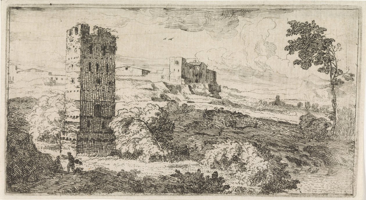 Landschap met vierkante toren door Abraham Genoels