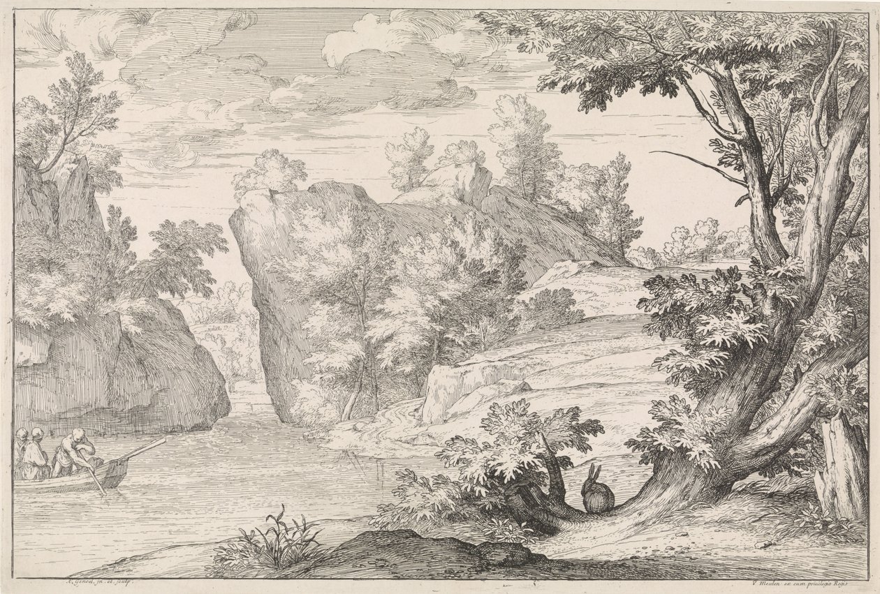 Rivierlandschap met een haas door Abraham Genoels