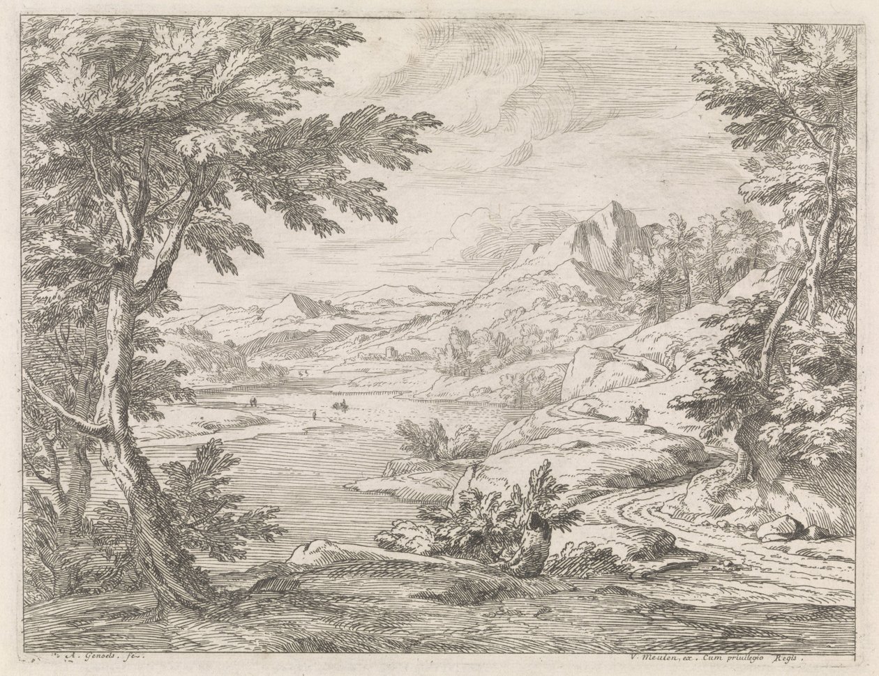 Rivierlandschap met een weg door Abraham Genoels