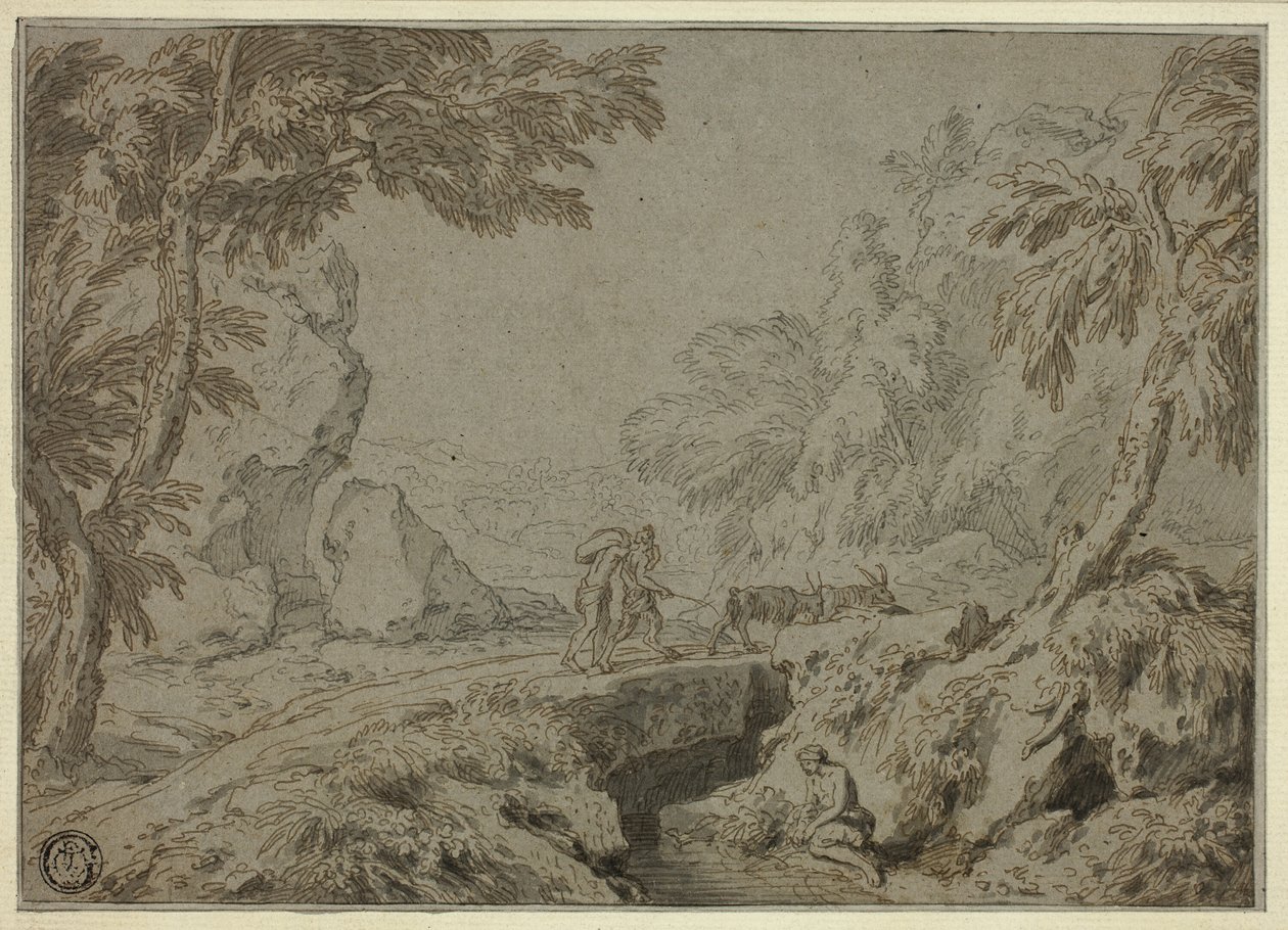 Landschap met sater, geiten en andere figuren door Abraham Genoels II