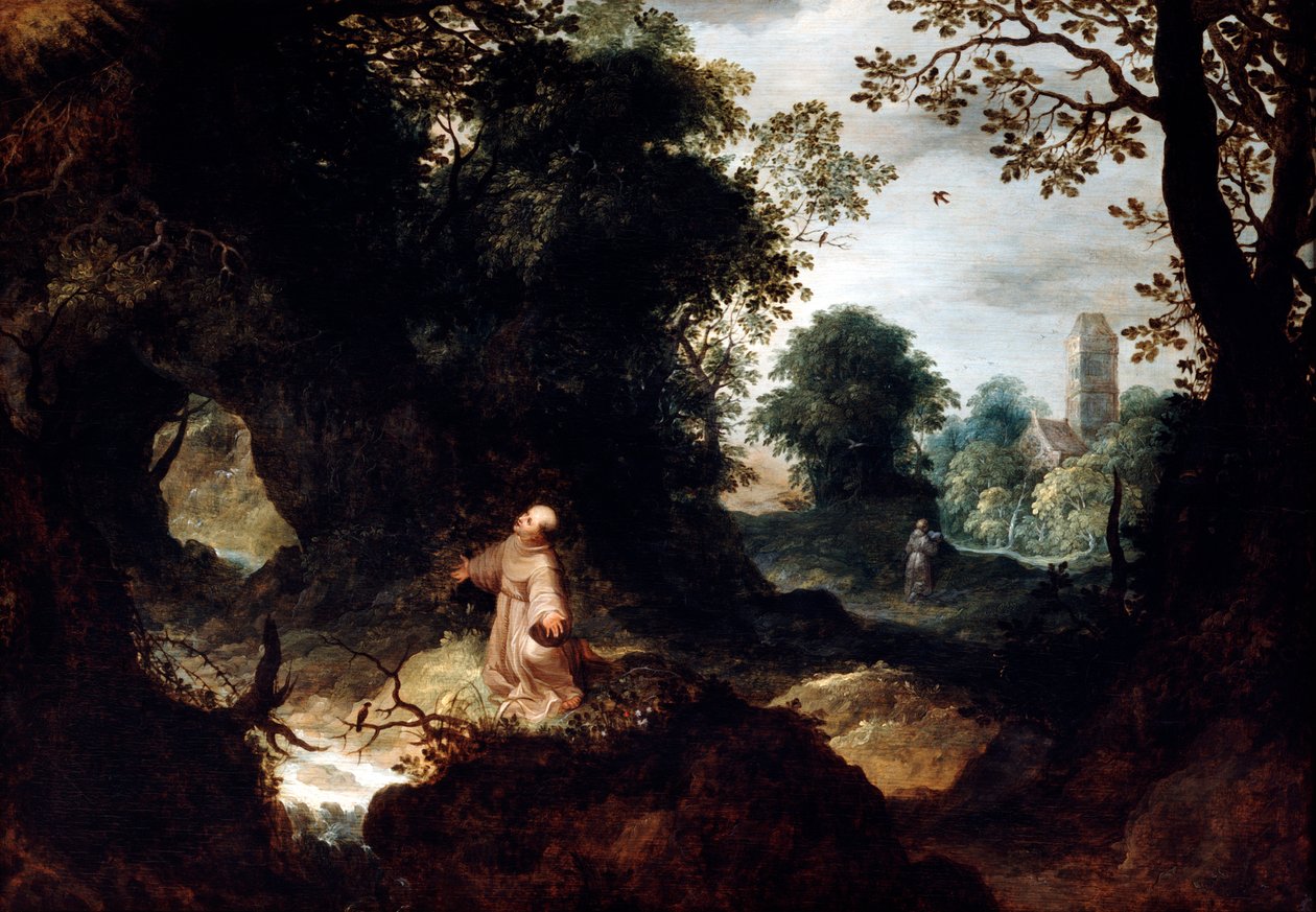 Rotsachtig landschap met Sint Franciscus, begin 17e eeuw door Abraham Govaerts