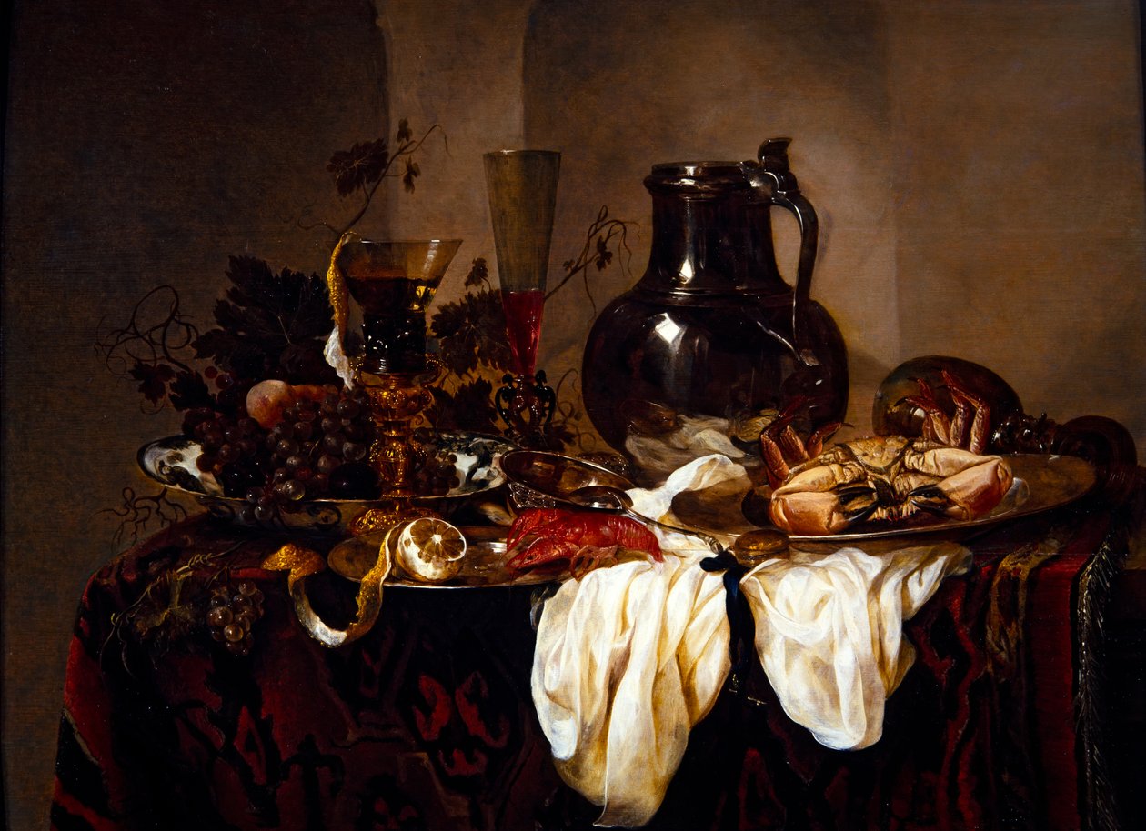 Stilleven met kruik en schaaldieren door Abraham Hendricksz van Beyeren