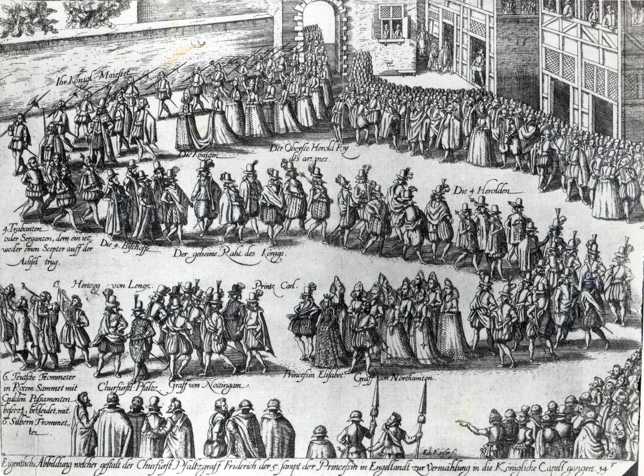 Processie voor het huwelijk van Frederik V, keurvorst van de Palts en prinses Elizabeth, c.1613 door Abraham Hogenberg