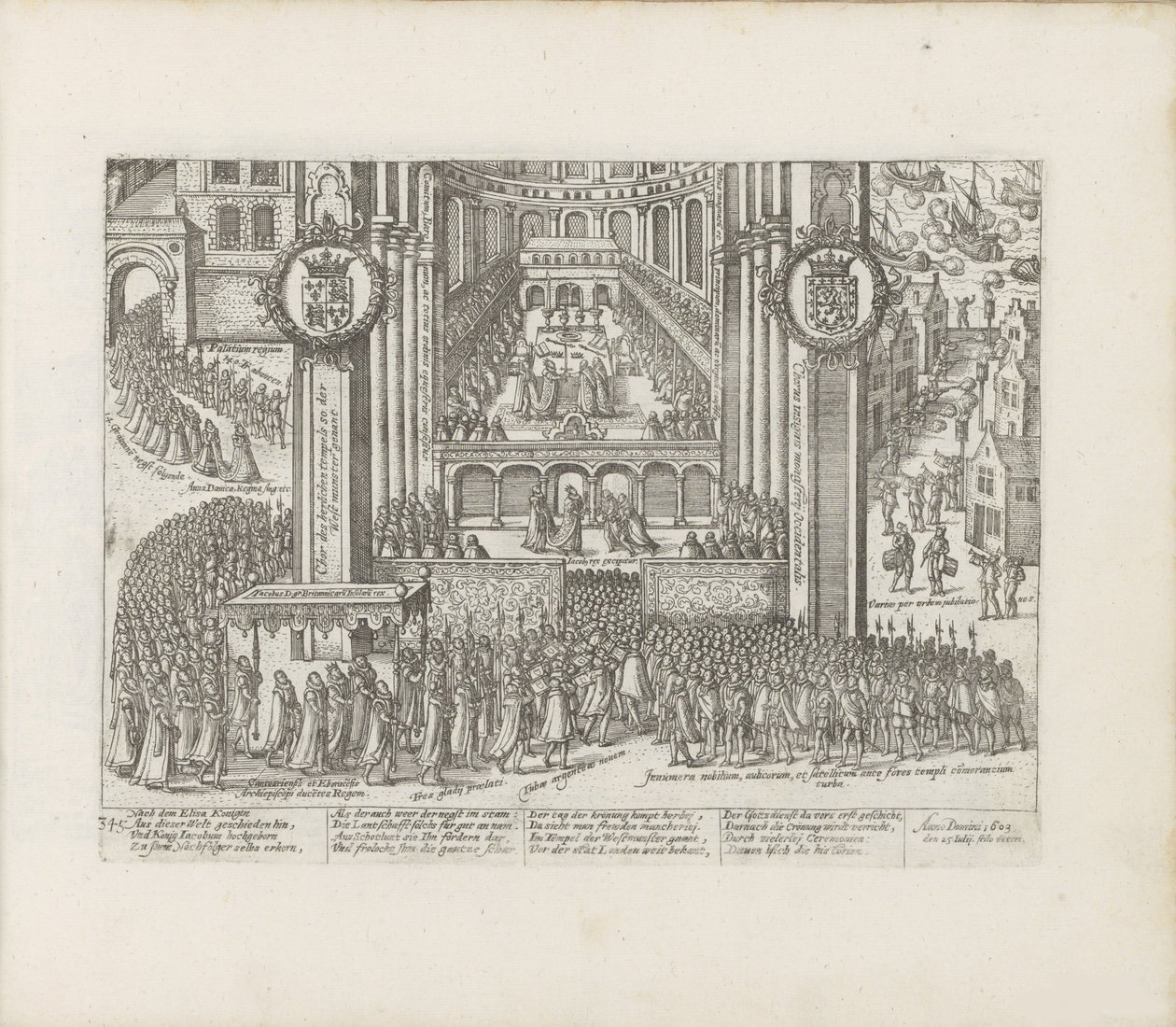 Uitzicht op de buitenkant van Westminster Abbey tijdens de kroning van James I door Abraham Hogenberg