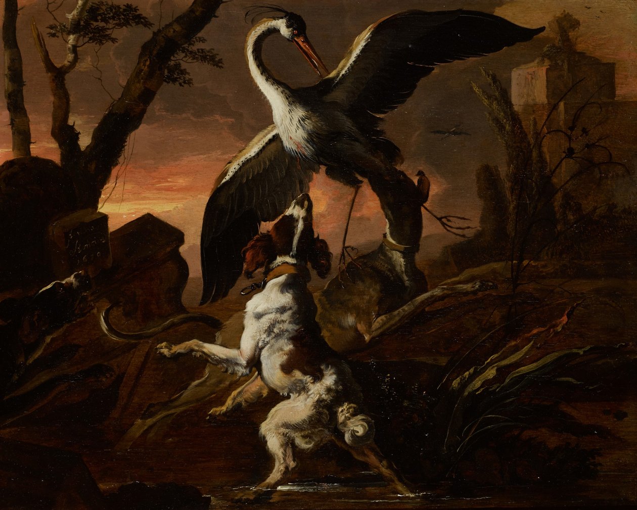 Drie honden vallen een kraanvogel aan in een landschap door Abraham Hondius