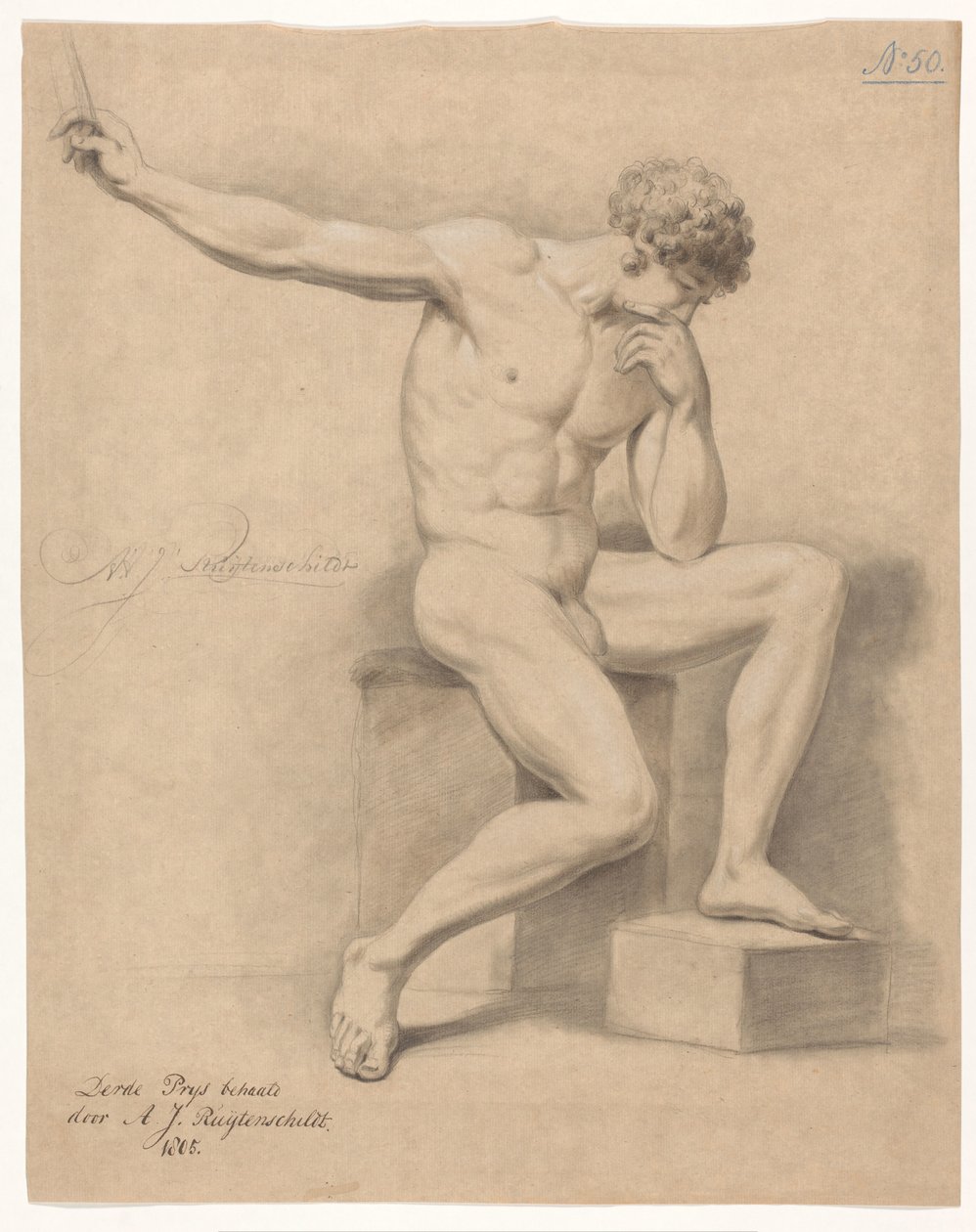 Zittend mannelijk naakt, van voren gezien (3e prijs 1805) door Abraham Johannes Ruytenschildt
