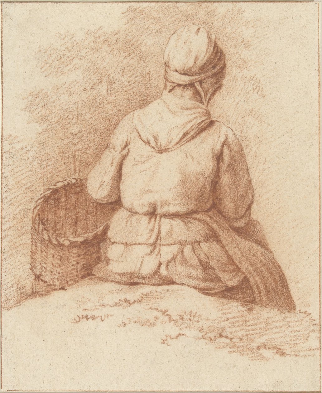 Zittende vissersvrouw met een mand aan de arm, op de rug gezien door Abraham Johannes Ruytenschildt