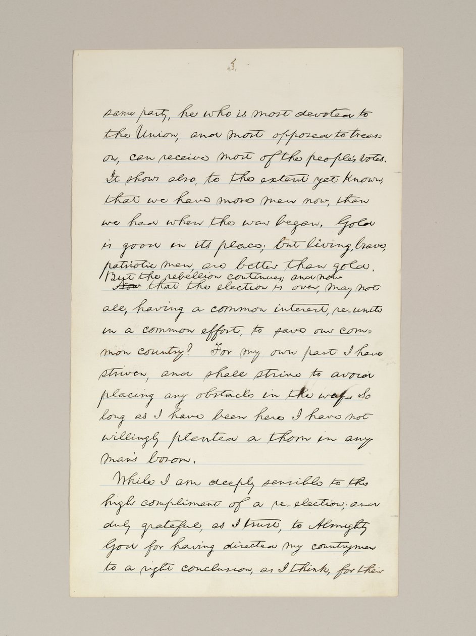 Handgeschreven manuscript van Lincolns overwinningsspeech als president, gehouden in Washington D.C., vanuit het raam van het Witte Huis op de avond van 10 november door Abraham Lincoln