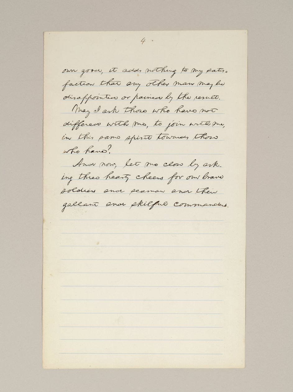 Handgeschreven manuscript van Lincolns overwinningsspeech als president, gehouden in Washington D.C., vanuit het raam van het Witte Huis op de avond van 10 november door Abraham Lincoln