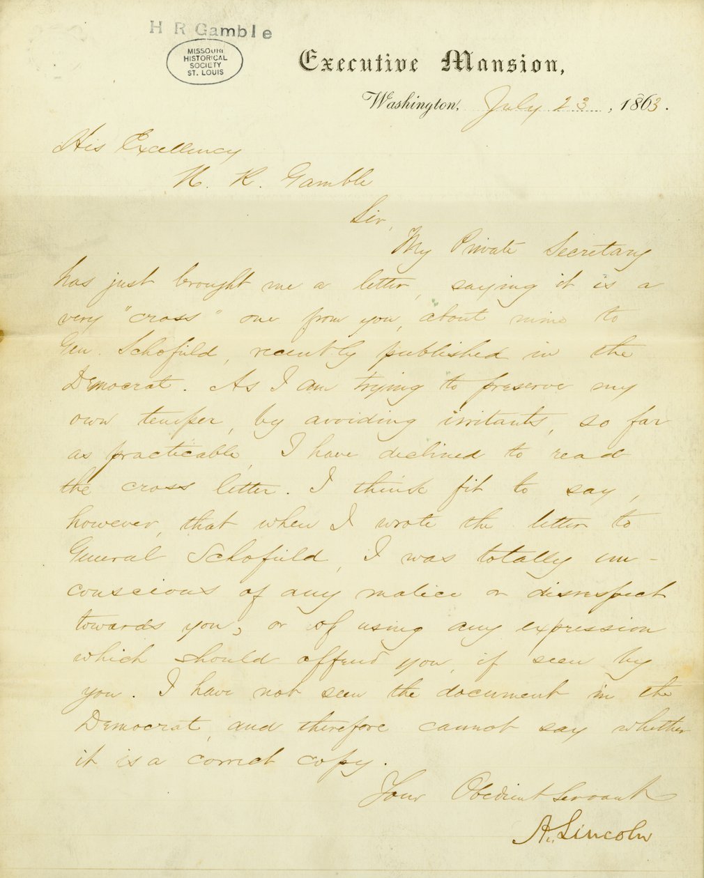 Brief ondertekend A. Lincoln, Executive Mansion, Washington, aan Zijne Excellentie, H.R. Gamble, 23 juli 1863 door Abraham Lincoln