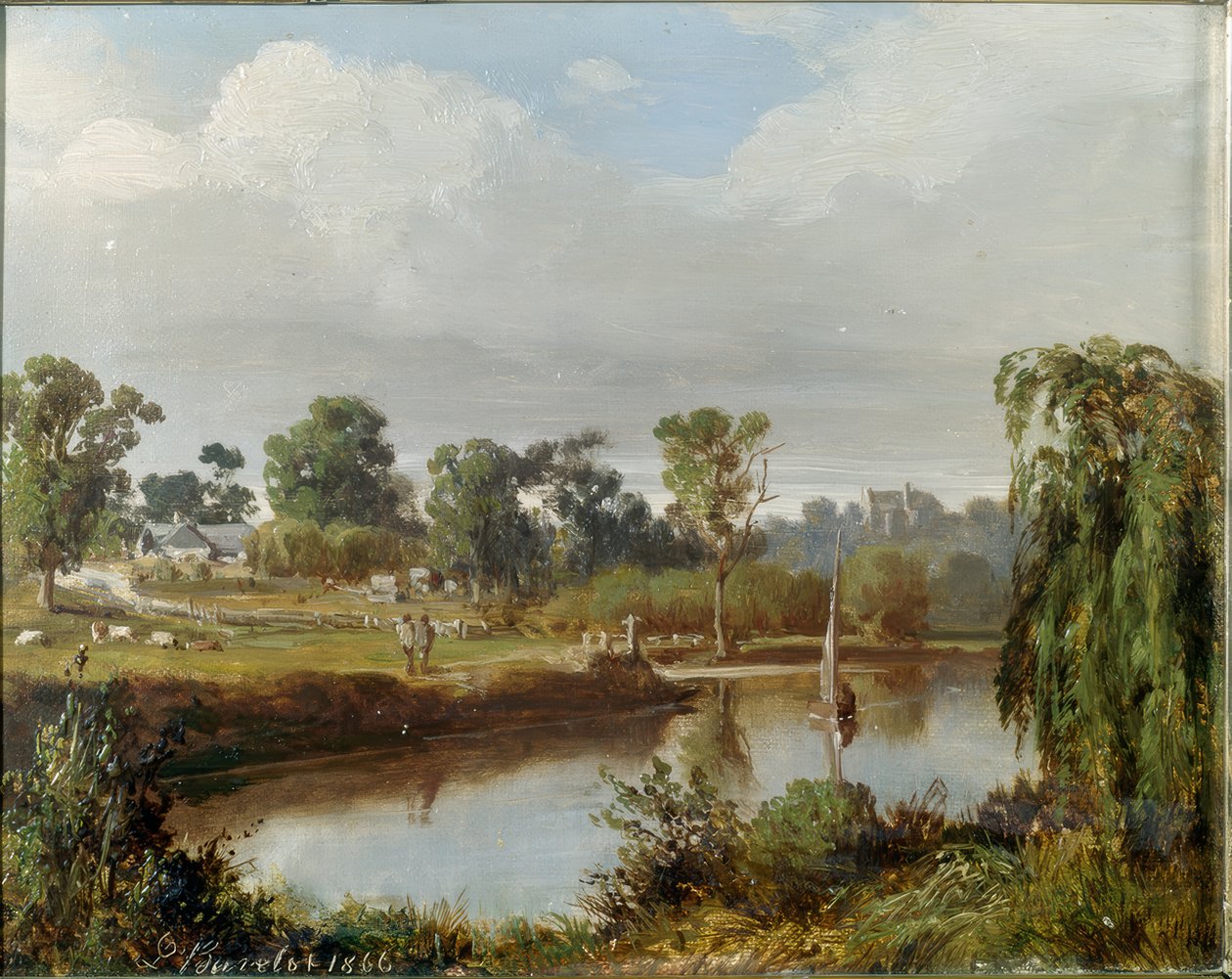 Rivier met zeilboot (Australisch platteland, omgeving Melbourne) door Abraham Louis Buvelot