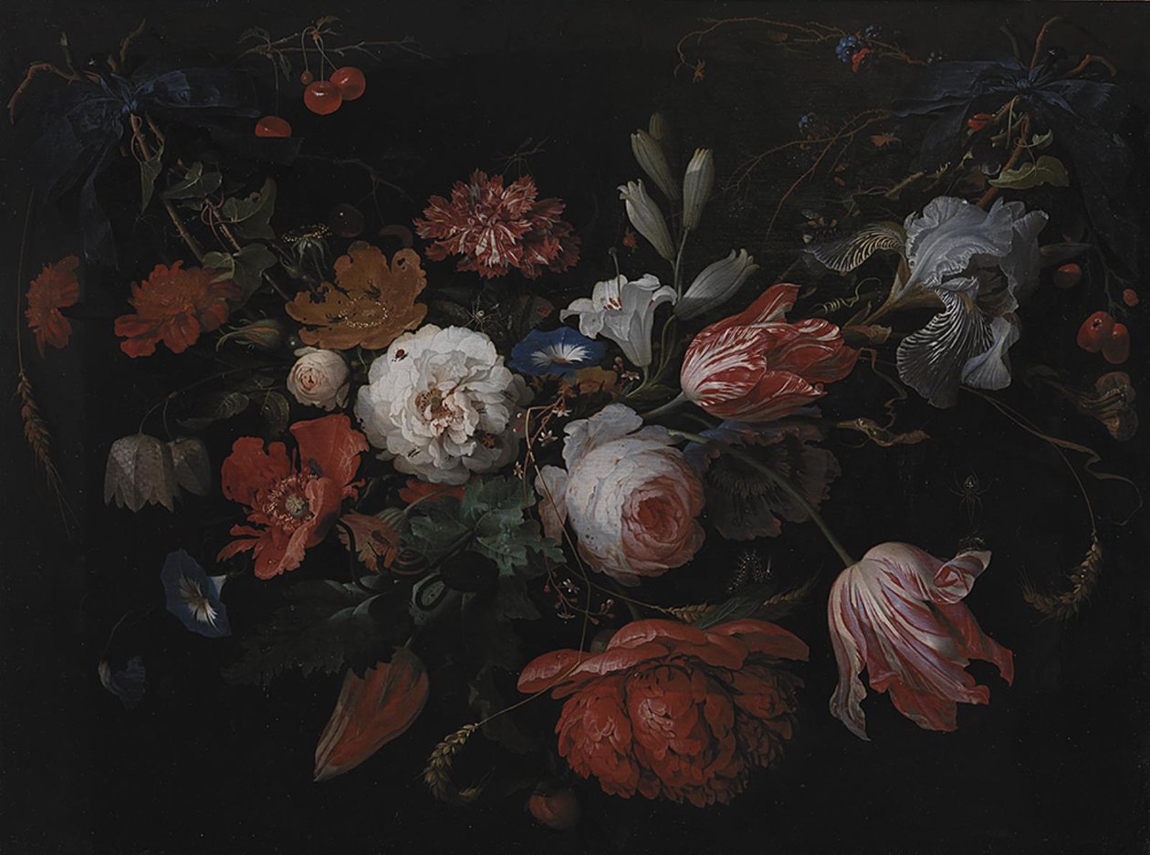 Een krans van bloemen door Abraham Mignon