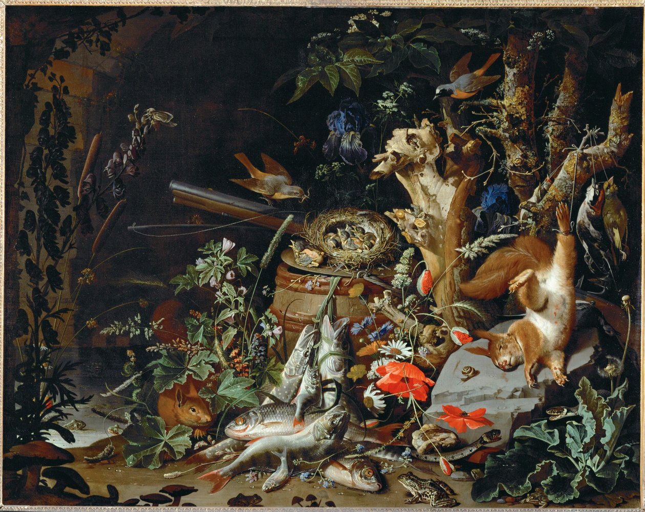 Le nid de pinsons - vissen, reptielen en een dode eekhoorn tussen planten en bomen ... door Abraham Mignon