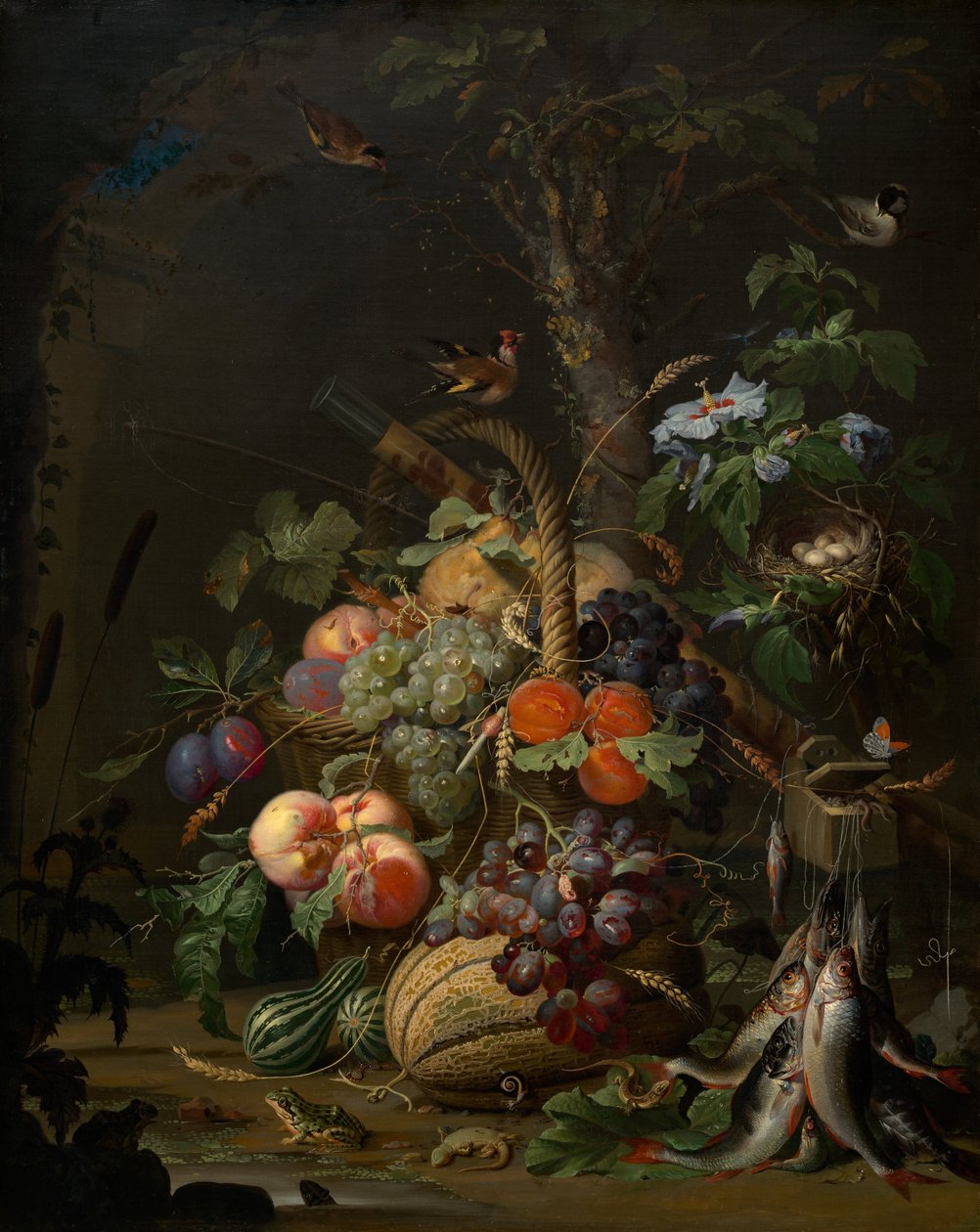 Stilleven met Fruit, Vis en een Nest door Abraham Mignon