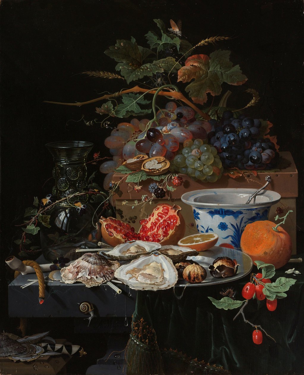 Stilleven met fruit, oesters en een porseleinen kom door Abraham Mignon