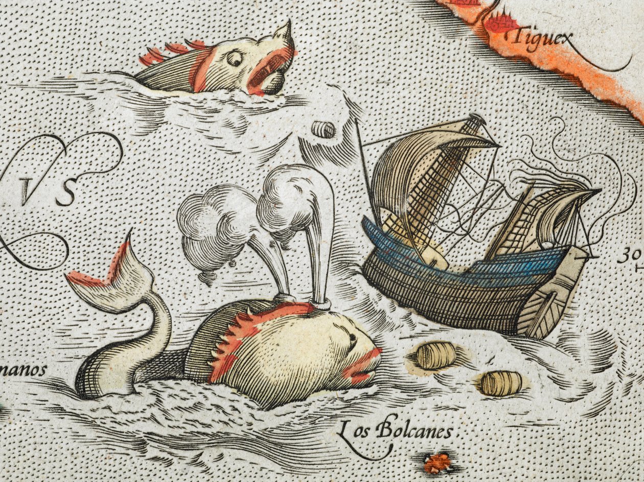 Zeemosters die een schip aanvallen (detail) door Abraham Ortelius