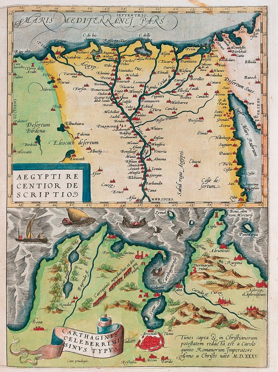 Aegypti Recentior Descriptio. - Carthaginis Celeberrimi Sinus Typus. Geografische kaart van Egypte met de steden van de Nijl en Carthago (Tunesië) uit 