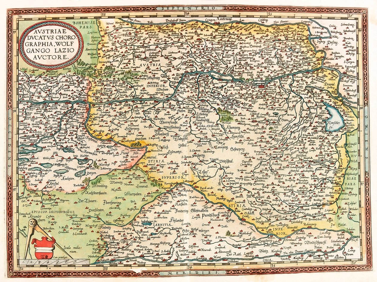 Austria Ducatus Chorographia Wolfgango Lazio Auctore Geografische kaart van het gebied van Oostenrijk met de Donau en de stad Wenen uit 