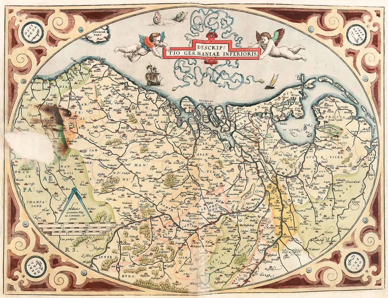 Descriptio Germaniae Inferioris Geografische kaart van het gebied van de Nederduitse Germanen uit 