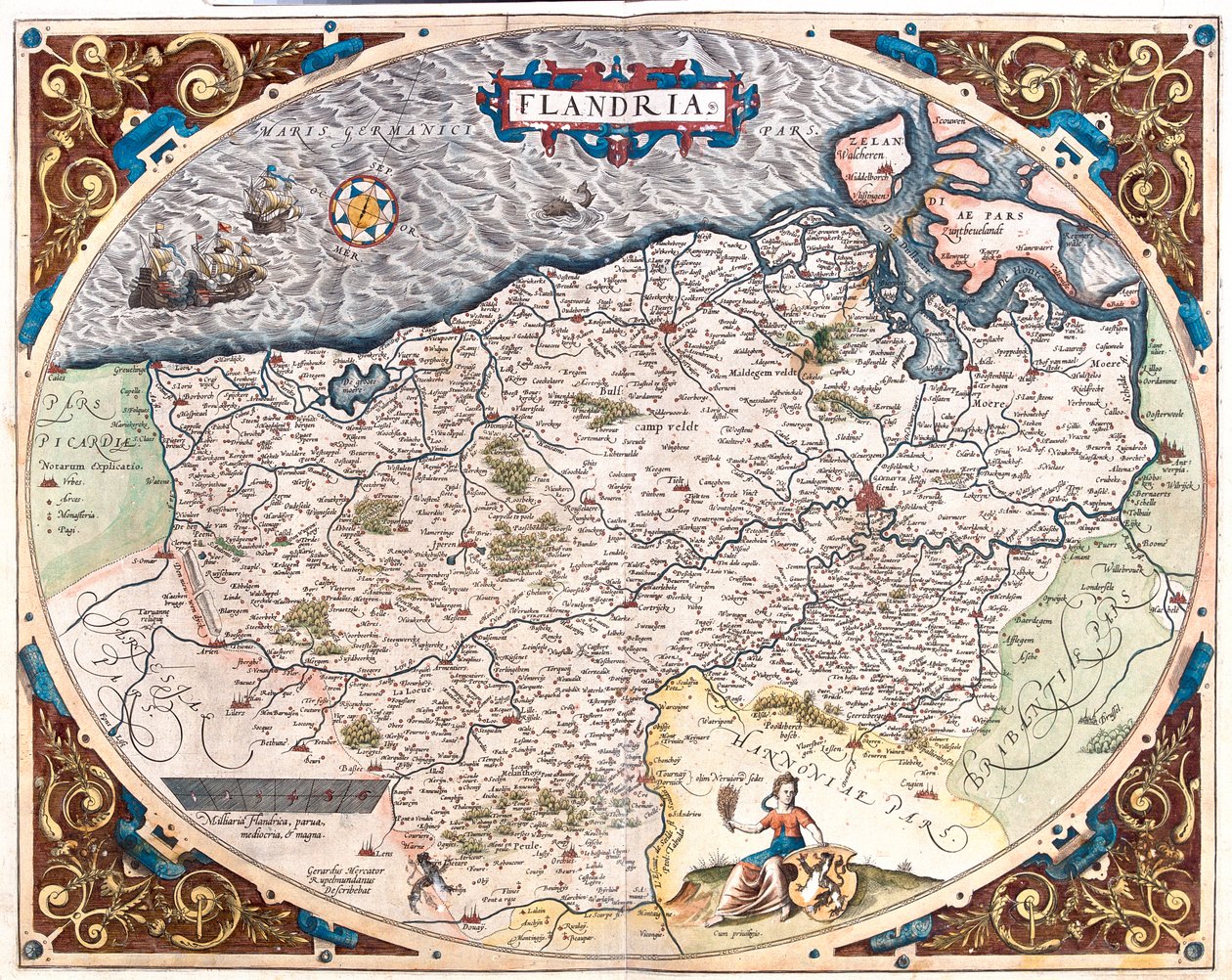 Frankrijk (Regio: Nord-Pas de Calais), België (Regio: Vlaams, Noord-Waals), Nederland (Provincie: Zeeland) door Abraham Ortelius