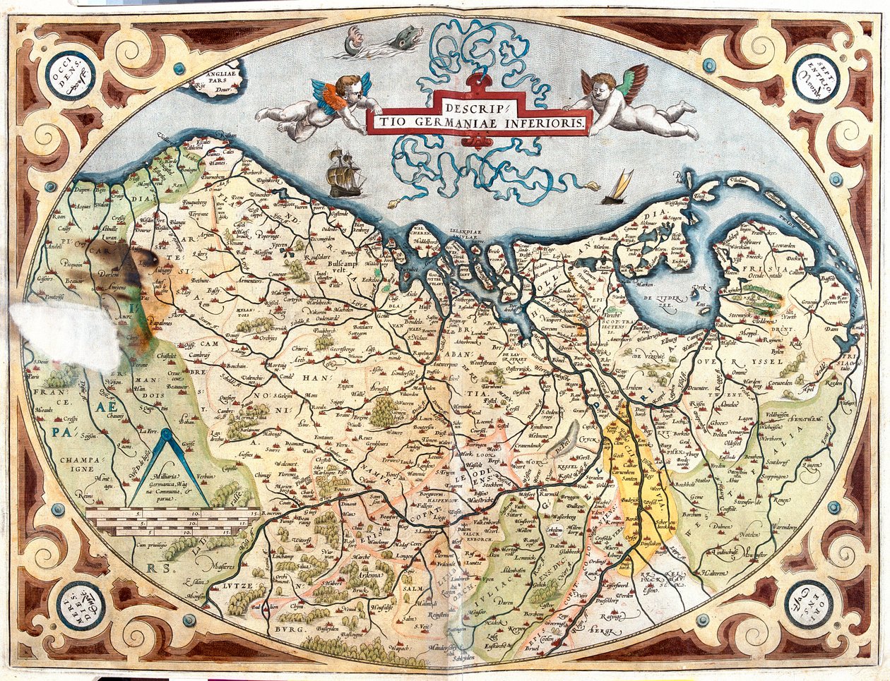 Frankrijk (Regio: Haute-Normandie, Picardie, Nord-Pas de Calais, Ile-de-France, Champagne-Ardenne, Lotharingen), België, Nederland, Duitsland (deelstaat: Nedersaksen, Noordrijn-Westfalen, Rijnland-Palts, Saarland), Luxemburg door Abraham Ortelius