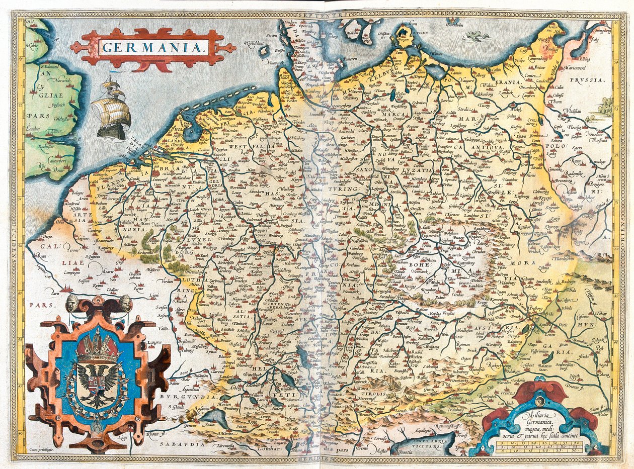 Frankrijk (Regio: Haute-Normandie, Picardie, Nord-Pas de Calais, Ile-de-France, Champagne-Ardenne, Lotharingen, Elzas, Bourgogne, Franche-Comté, Rhône-Alpes), België, Nederland, Luxemburg, Duitsland, Polen (woiwodschap: West-Pommeren, Pommeren, Lubusz, Gr door Abraham Ortelius