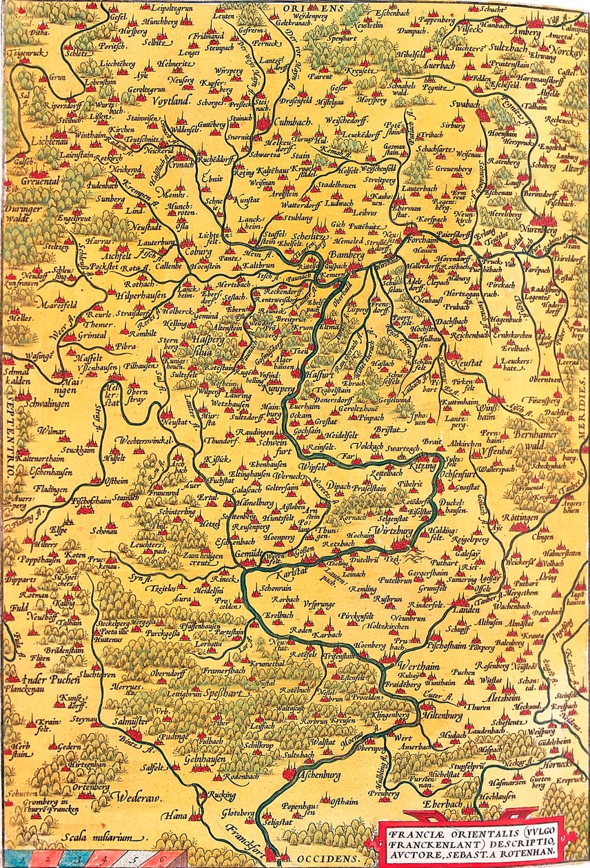 Franciae Orientalis (Vulgo/Franckenlant) Descriptio, Auctore, Sebast. A. Rotenhan Geografische kaart van het gebied van Frankenland in Duitsland met de stad Frankfurt (ook de stad Karlstadt..) uit 