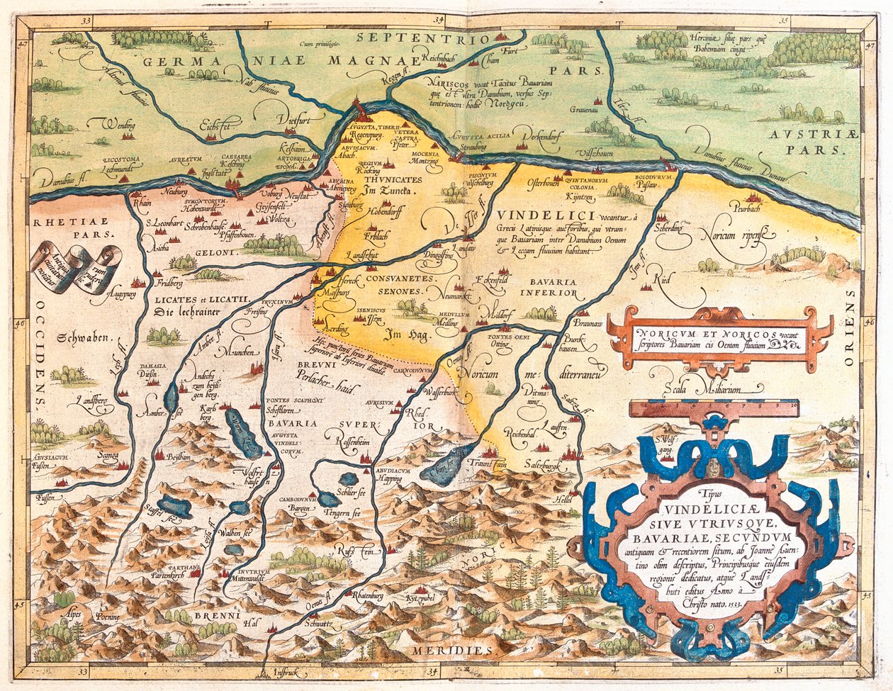 Duitsland (deelstaat: Beieren), Oostenrijk (deelstaat: Tirol, Opper-Oostenrijk, Salzburg) door Abraham Ortelius