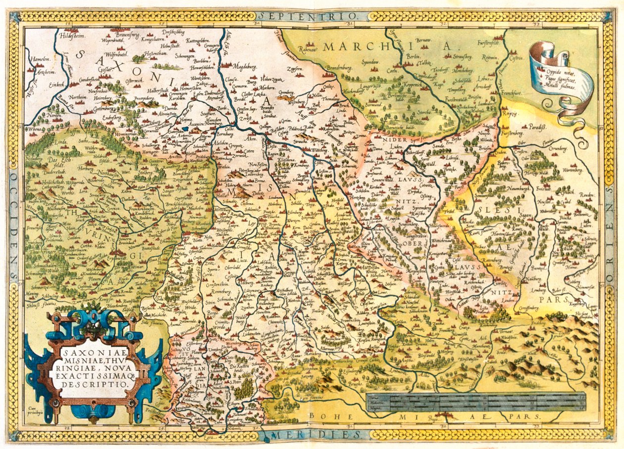 Duitsland (Deelstaten: Nedersaksen, Saksen-Anhalt, Brandeburg, Berlijn, Hessen, Thüringen, Saksen, Beieren ), Tsjechië (Regio: Liberec, Midden-Bohemen, Praag, Ústí nad Labem, Plze, Karlovy Vary) door Abraham Ortelius