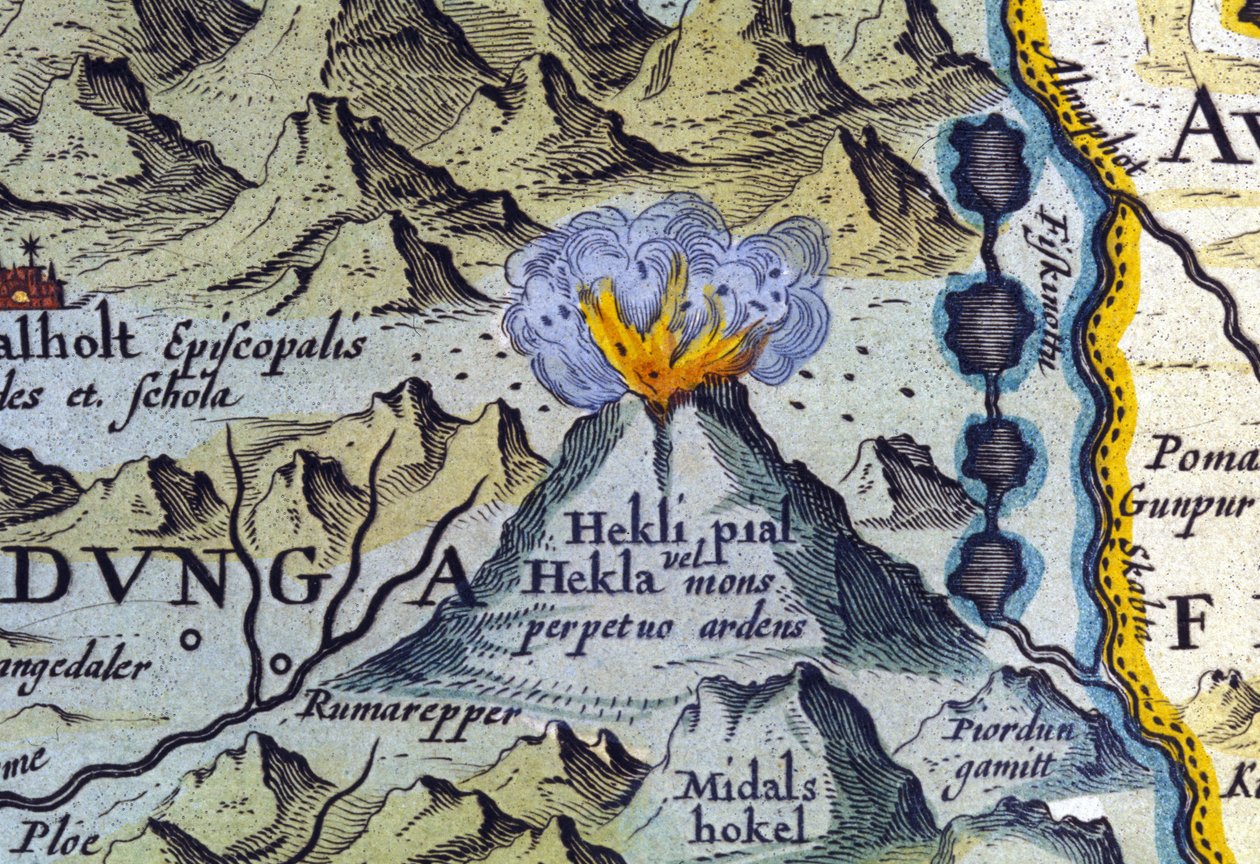 Hekla vulkaan in IJsland. Atlas van Abraham Ortelius, Amsterdam 1588 door Abraham Ortelius
