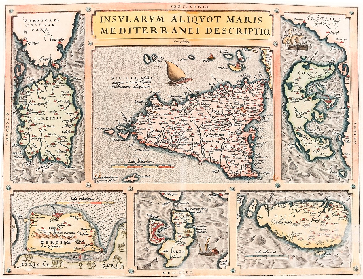 Insularum Aliquot Maris Mediterranei Descriptio. Geografische kaart van de Middellandse Zee-eilanden Sicilië, Sardinië, Corfu, Malta, Djerba en Elba uit 