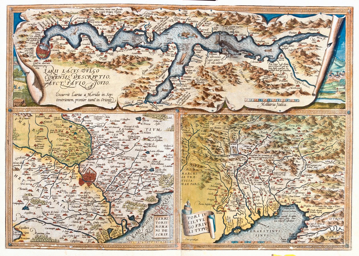 Comomeer (Italië; regio: Lombardije), Rome (Italië; regio: Lazio), Golf van Triëst (Italië: regio Friuli-Venezia Giulia; Slovenië: traditionele regio Sloveense kust; Kroatië: provincie Istrië) door Abraham Ortelius