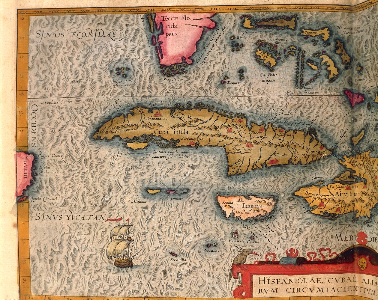 Kaart van Cuba en Jamaica, uit Theatrum Orbis Terrarum door Abraham Ortelius, gedrukt in Antwerpen door Abraham Ortelius