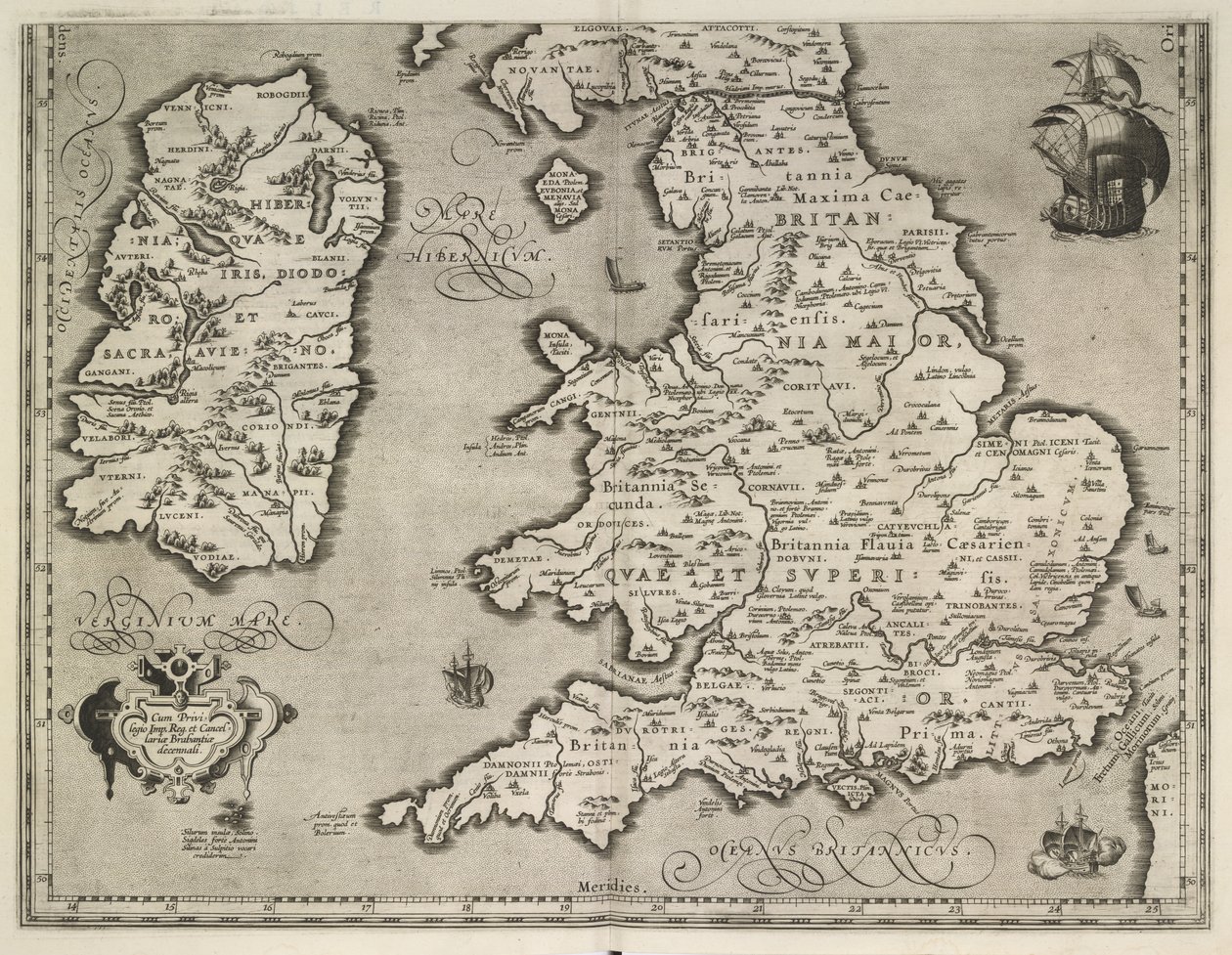 Kaart van Engeland, Wales en Ierland, Theatrvm Orbis Terrarvm door Abraham Ortelius door Abraham Ortelius