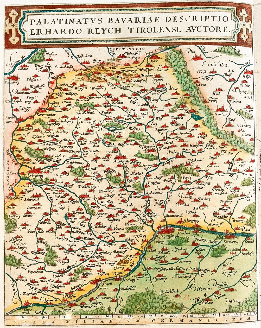 Palatinatus Bavariae descriptio Erhardo Reych Tirolense Auctore Geografische kaart van het gebied van Beieren in Duitsland uit 