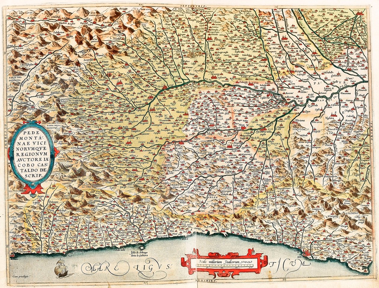 Pedemontanae Vicinorumque Regionum Auctore Iacobo Castaldo Descrip. Geografische kaart van het gebied van Italië van Monaco in Frankrijk tot Genua en langs de provincies Imperia de Savona en Genua uit 