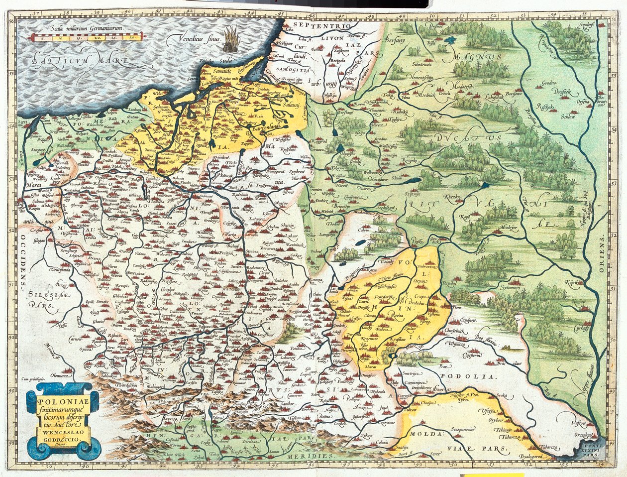 Polen, Litouwen (provincies: Klaipèda, Tauragè, Kaunas, Vilnius, Utena, Marijampolè, Alytus), Wit-Rusland (groot deel, behalve noordelijke regio Vitebsk), zuidwestelijk Rusland, westelijk Oekraïne, noordelijk Moldavië, Slowakije (regio: ilina, Preov) door Abraham Ortelius