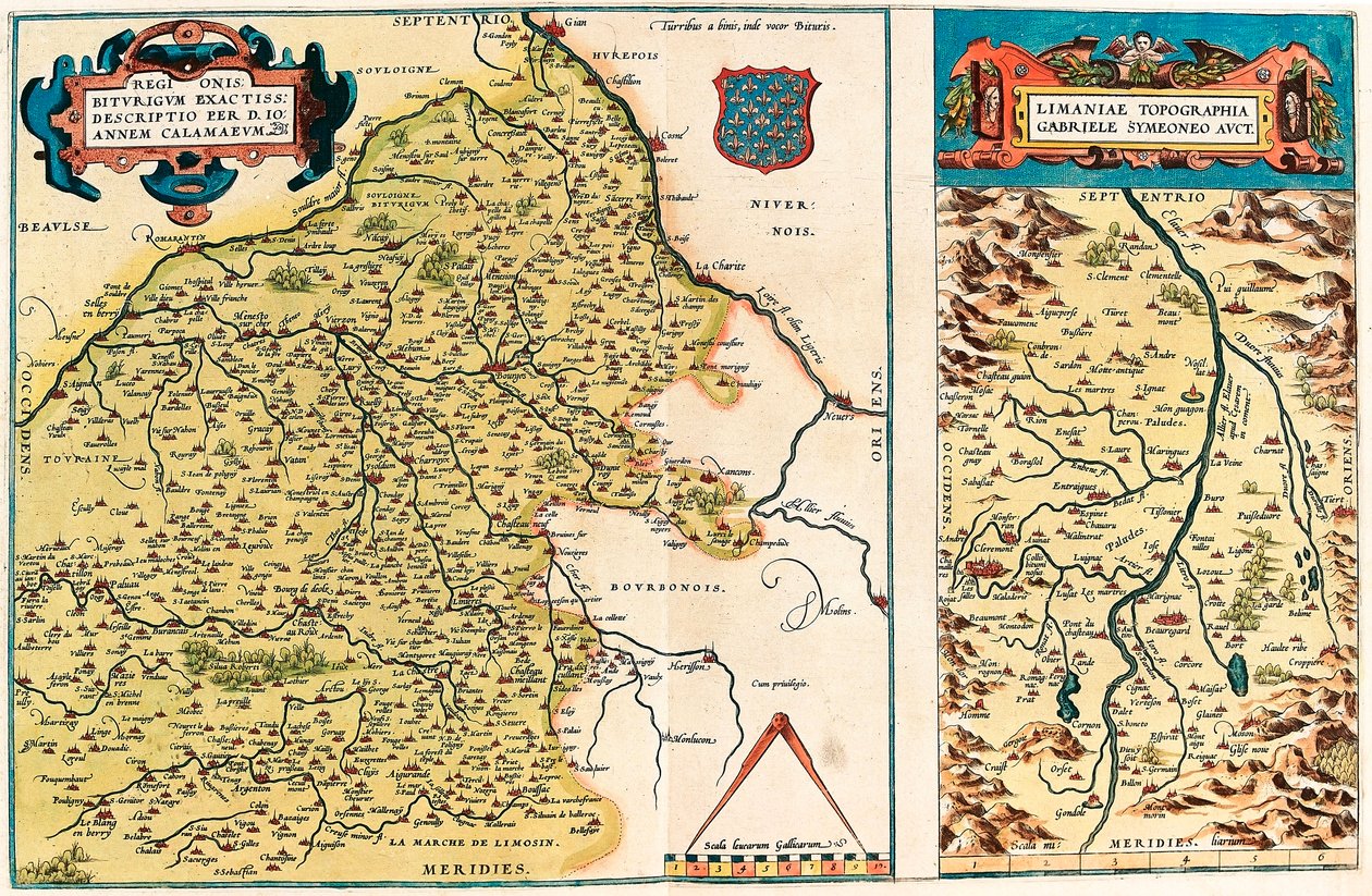 Regionis Biturigum accurss descriptio per D. Ioannem Calamaeum Geografische kaart van het gebied van Bourges en de regio van het centrum in Gallië (Frankrijk) uit 