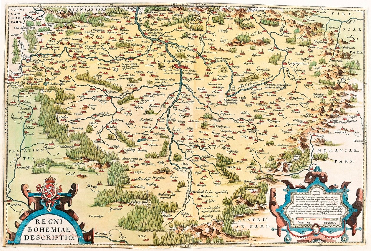 Regni Bohemiae Descriptio Geografische kaart van het gebied van Bohemen uit 
