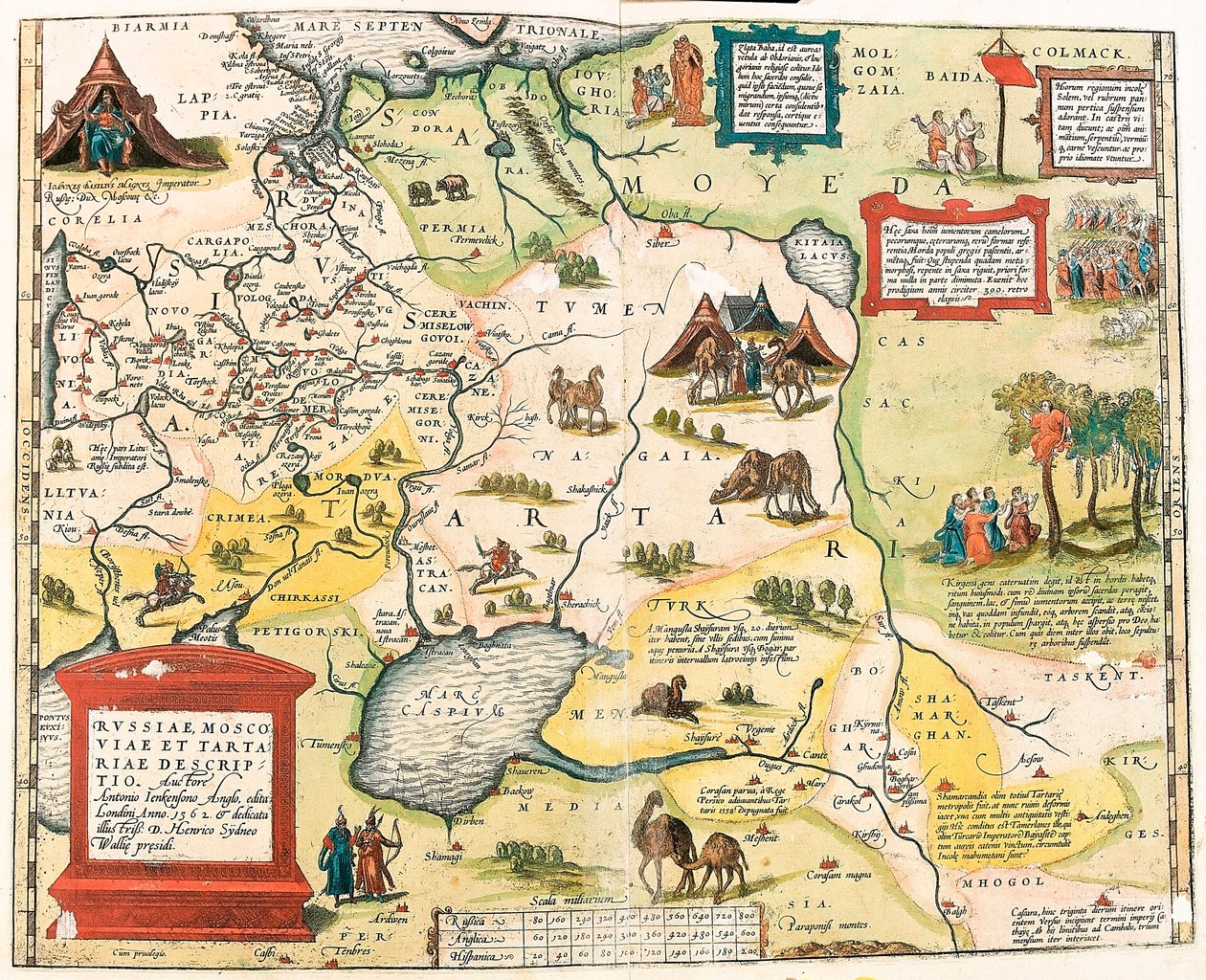 Russiae, Moscoviae en Tartariae descriptio. Auctore Antonio Ienkensono Anglo, edita Londini anno 1562 Geografische kaart van het gebied van Rusland uit 