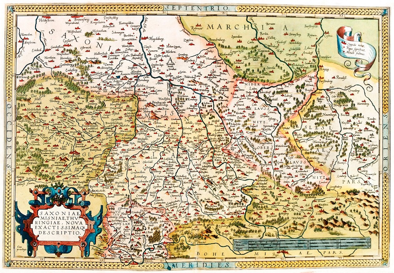 Saxoniae, Misniae, Thuringiae, Nova Accurssimaque Descriptio Geografische kaart van het gebied van Saksen, Thüringen in Duitsland uit 