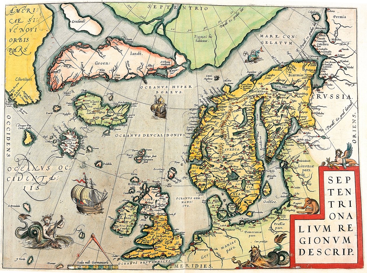 Septentrionalium Regionum Descrip. Geografische kaart van Scandinavië en Noord-Europa uit 